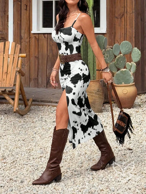 Vestido Longo Alças Finas Com Fenda E Estampa Animal Print Vestido Longo Alças Finas Com Fenda E Estampa Animal Print