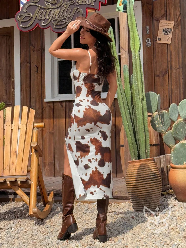 Vestido Longo Alças Finas Com Fenda E Estampa Animal Print Vestido Longo Alças Finas Com Fenda E Estampa Animal Print