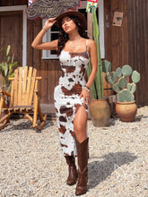 Vestido Longo Alças Finas Com Fenda E Estampa Animal Print Castanho / PP Vestido Longo Alças Finas Com Fenda E Estampa