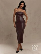 Vestido Longo Bandeau Com Textura E Bolsos Falsos Café / PP Vestido Longo Bandeau Com Textura E Bolsos Falsos