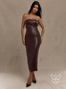 Vestido Longo Bandeau Com Textura E Bolsos Falsos Café / PP Vestido Longo Bandeau Com Textura E Bolsos Falsos