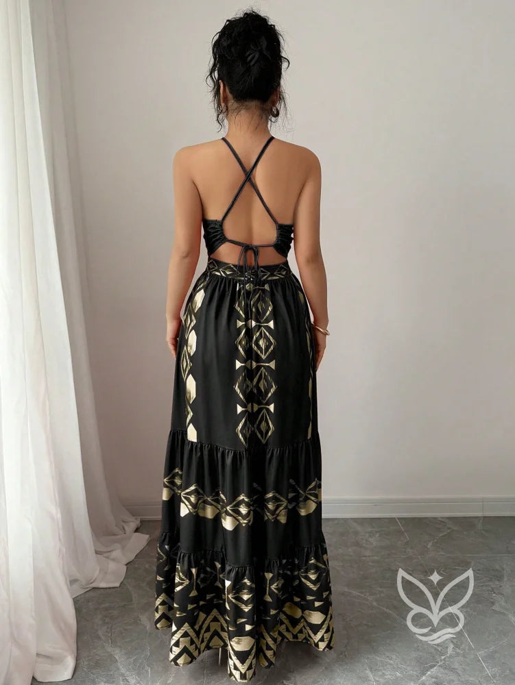 Vestido Longo Com Estampa Étnica E Decote Halter Vestido Longo Com Estampa Étnica E Decote Halter