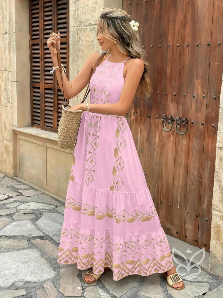 Vestido Longo Com Estampa Étnica E Decote Halter Vestido Longo Com Estampa Étnica E Decote Halter