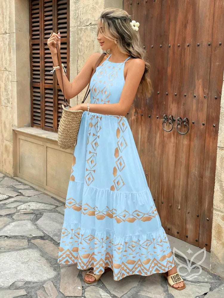 Vestido Longo Com Estampa Étnica E Decote Halter Vestido Longo Com Estampa Étnica E Decote Halter