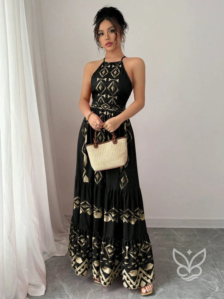 Vestido Longo Com Estampa Étnica E Decote Halter Vestido Longo Com Estampa Étnica E Decote Halter