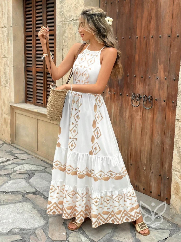 Vestido Longo Com Estampa Étnica E Decote Halter Vestido Longo Com Estampa Étnica E Decote Halter