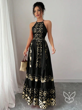 Vestido Longo Com Estampa Étnica E Decote Halter Vestido Longo Com Estampa Étnica E Decote Halter