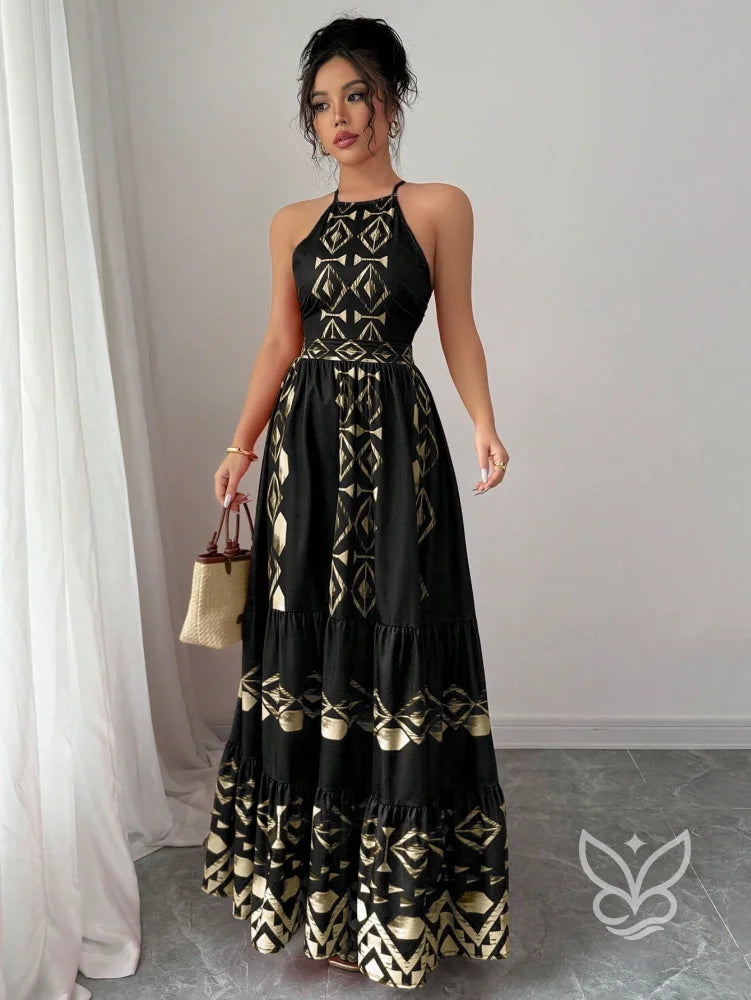 Vestido Longo Com Estampa Étnica E Decote Halter Vestido Longo Com Estampa Étnica E Decote Halter