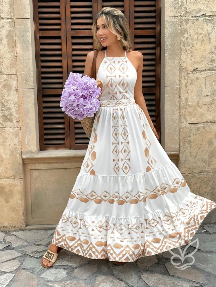 Vestido Longo Com Estampa Étnica E Decote Halter Vestido Longo Com Estampa Étnica E Decote Halter
