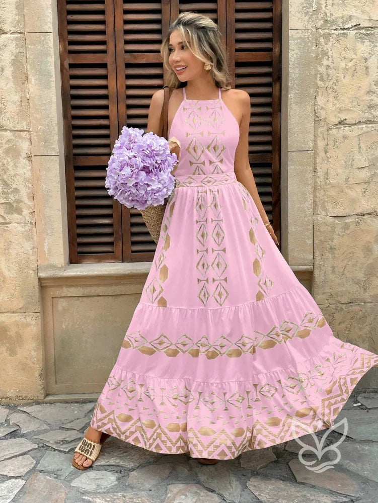 Vestido Longo Com Estampa Étnica E Decote Halter Vestido Longo Com Estampa Étnica E Decote Halter