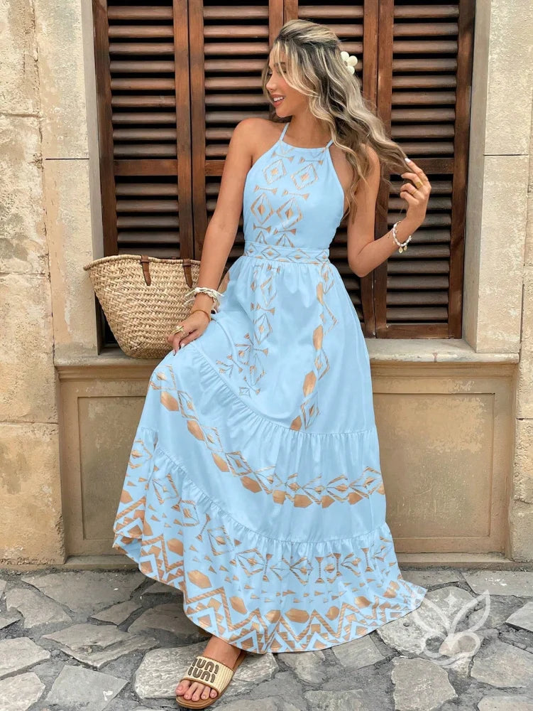 Vestido Longo Com Estampa Étnica E Decote Halter Azul / PP Vestido Longo Com Estampa Étnica E Decote Halter