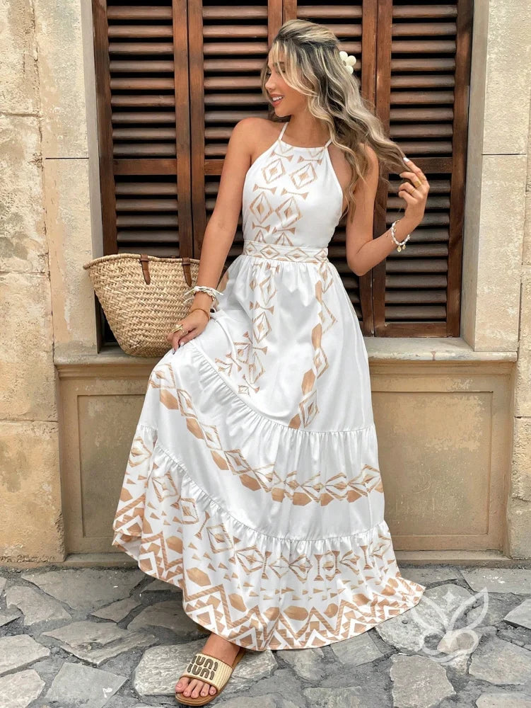 Vestido Longo Com Estampa Étnica E Decote Halter Branco / PP Vestido Longo Com Estampa Étnica E Decote Halter