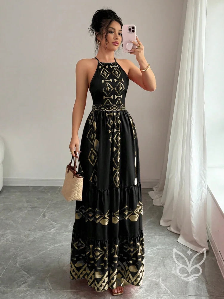 Vestido Longo Com Estampa Étnica E Decote Halter Preto / PP Vestido Longo Com Estampa Étnica E Decote Halter