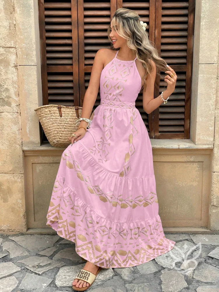 Vestido Longo Com Estampa Étnica E Decote Halter Rosa Chiclete / PP Vestido Longo Com Estampa Étnica E Decote Halter