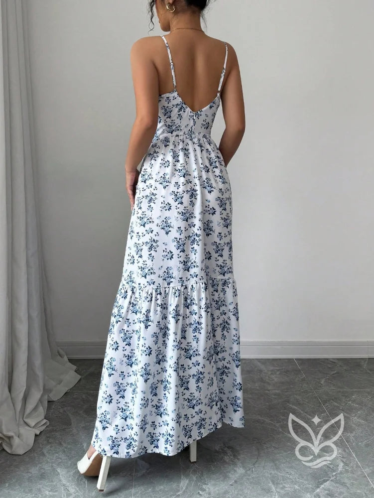 Vestido Longo Estampado Com Recortes Laterais E Alça Fina Vestido Longo Estampado Com Recortes Laterais E Alça Fina