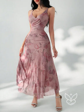 Vestido Longo Floral Com Tule E Alças Finas Vestido Longo Floral Com Tule E Alças Finas