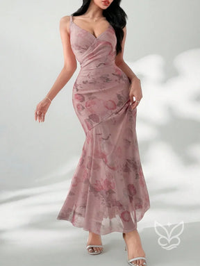 Vestido Longo Floral Com Tule E Alças Finas Vestido Longo Floral Com Tule E Alças Finas