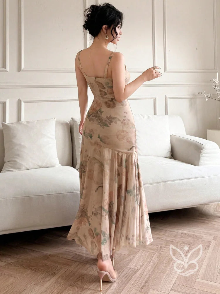 Vestido Longo Floral Com Tule E Alças Finas Vestido Longo Floral Com Tule E Alças Finas