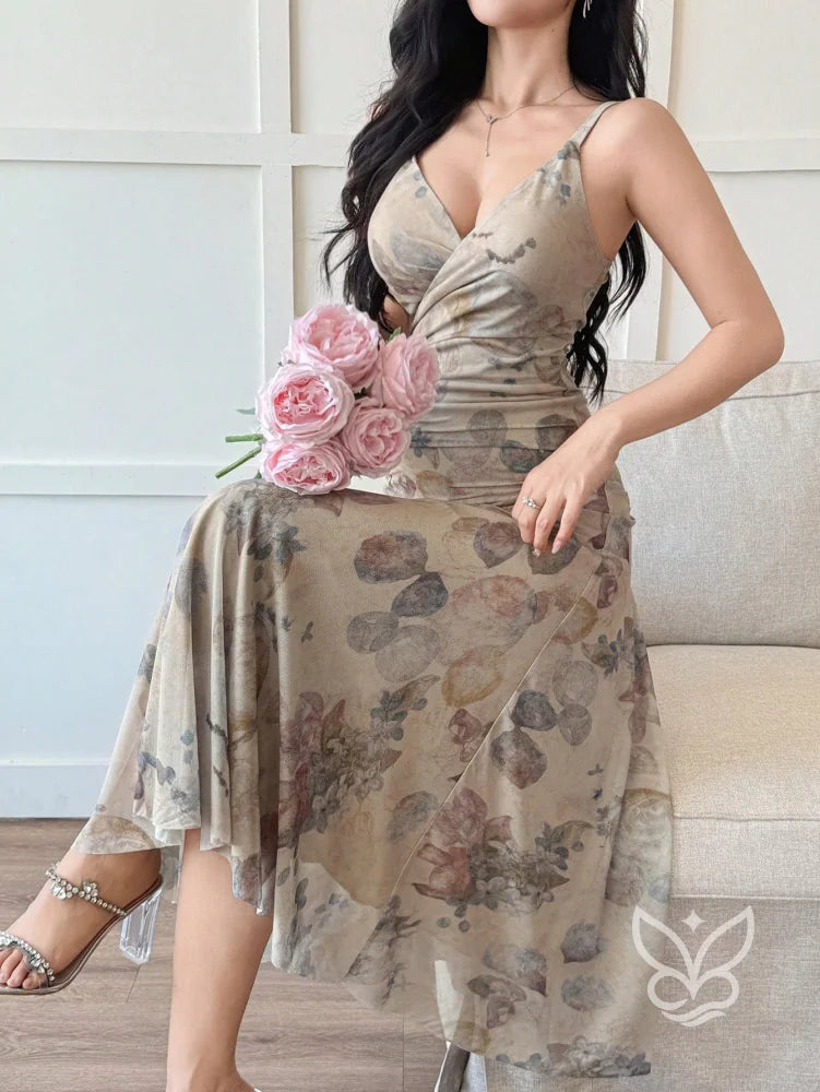 Vestido Longo Floral Com Tule E Alças Finas Amarela / PP Vestido Longo Floral Com Tule E Alças Finas