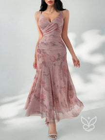 Vestido Longo Floral Com Tule E Alças Finas Rosa Chiclete / PP Vestido Longo Floral Com Tule E Alças Finas