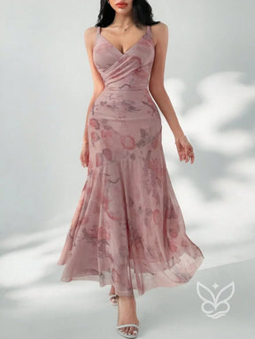 Vestido Longo Floral Com Tule E Alças Finas Rosa Chiclete / PP Vestido Longo Floral Com Tule E Alças Finas