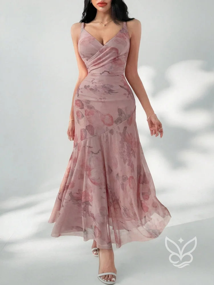 Vestido Longo Floral Com Tule E Alças Finas Rosa Chiclete / PP Vestido Longo Floral Com Tule E Alças Finas