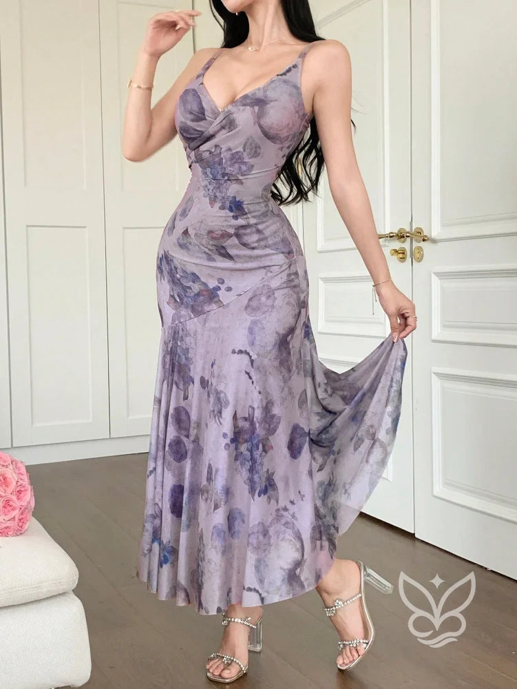 Vestido Longo Floral Com Tule E Alças Finas Roxo / PP Vestido Longo Floral Com Tule E Alças Finas
