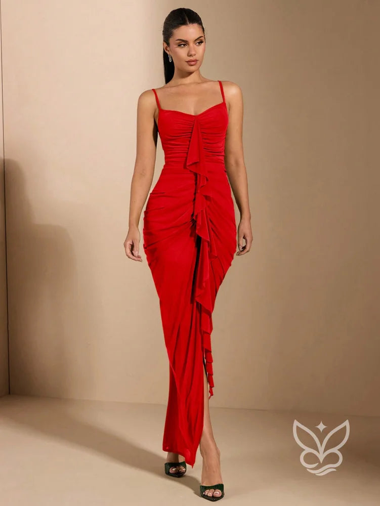 Vestido Longo Franzido Com Alças Finas E Babado Central Vestido Longo Franzido Com Alças Finas E Babado Central