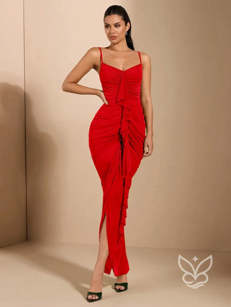 Vestido Longo Franzido Com Alças Finas E Babado Central Vestido Longo Franzido Com Alças Finas E Babado Central