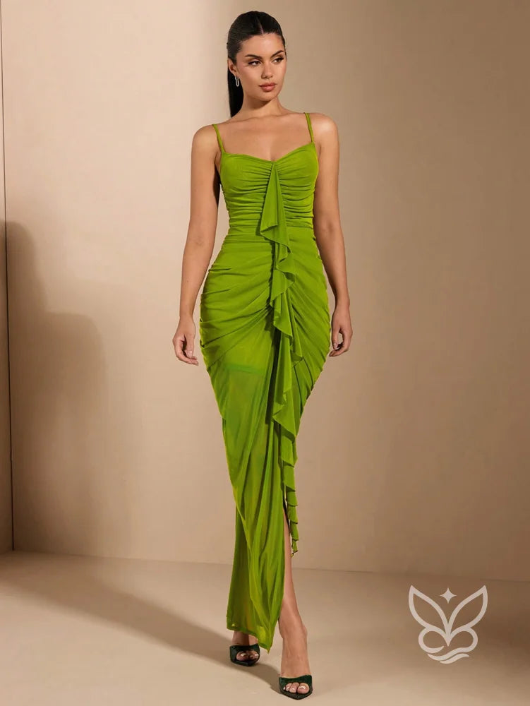Vestido Longo Franzido Com Alças Finas E Babado Central Vestido Longo Franzido Com Alças Finas E Babado Central