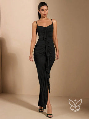 Vestido Longo Franzido Com Alças Finas E Babado Central Vestido Longo Franzido Com Alças Finas E Babado Central