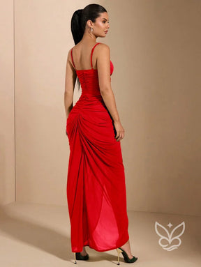 Vestido Longo Franzido Com Alças Finas E Babado Central Vestido Longo Franzido Com Alças Finas E Babado Central