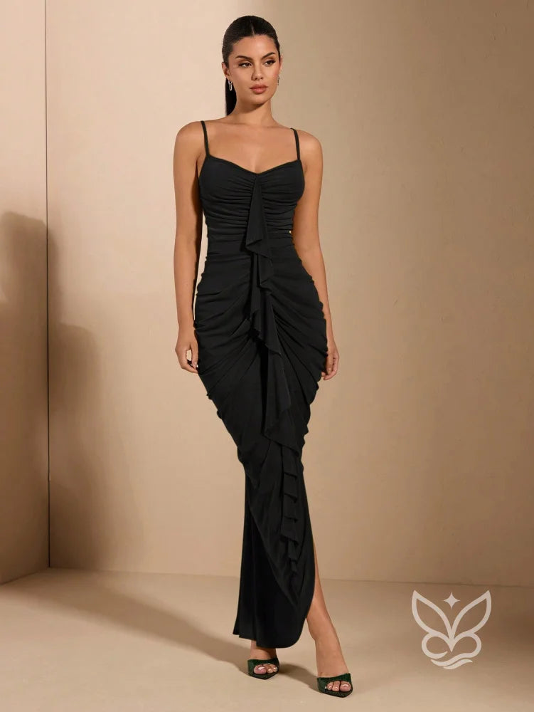 Vestido Longo Franzido Com Alças Finas E Babado Central Preto / PP Vestido Longo Franzido Com Alças Finas E Babado