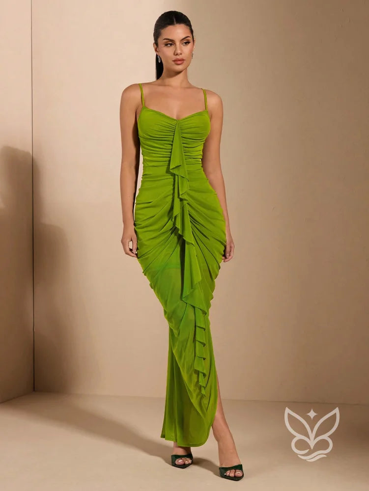 Vestido Longo Franzido Com Alças Finas E Babado Central Verde / PP Vestido Longo Franzido Com Alças Finas E Babado