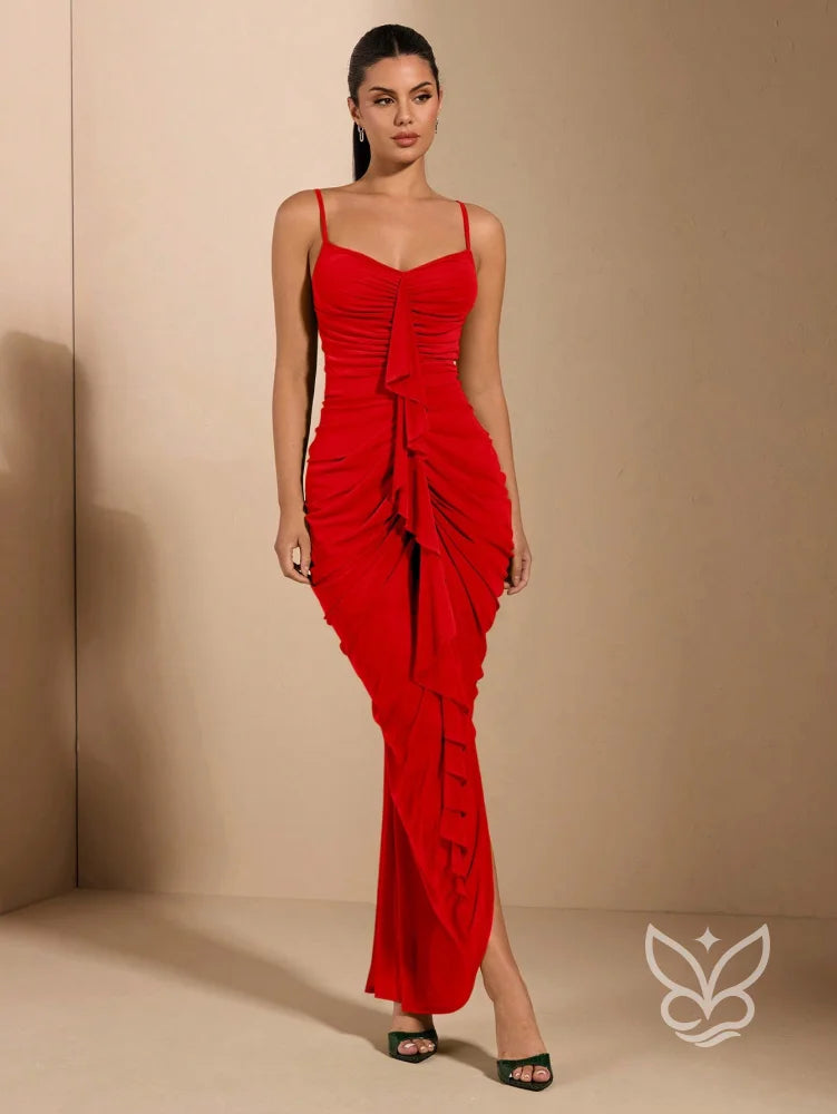 Vestido Longo Franzido Com Alças Finas E Babado Central Vermelho / PP Vestido Longo Franzido Com Alças Finas E Babado