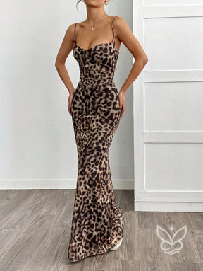 Vestido Longo Justo Com Alça Fina E Estampa Animal Print Vestido Longo Justo Com Alça Fina E Estampa Animal Print