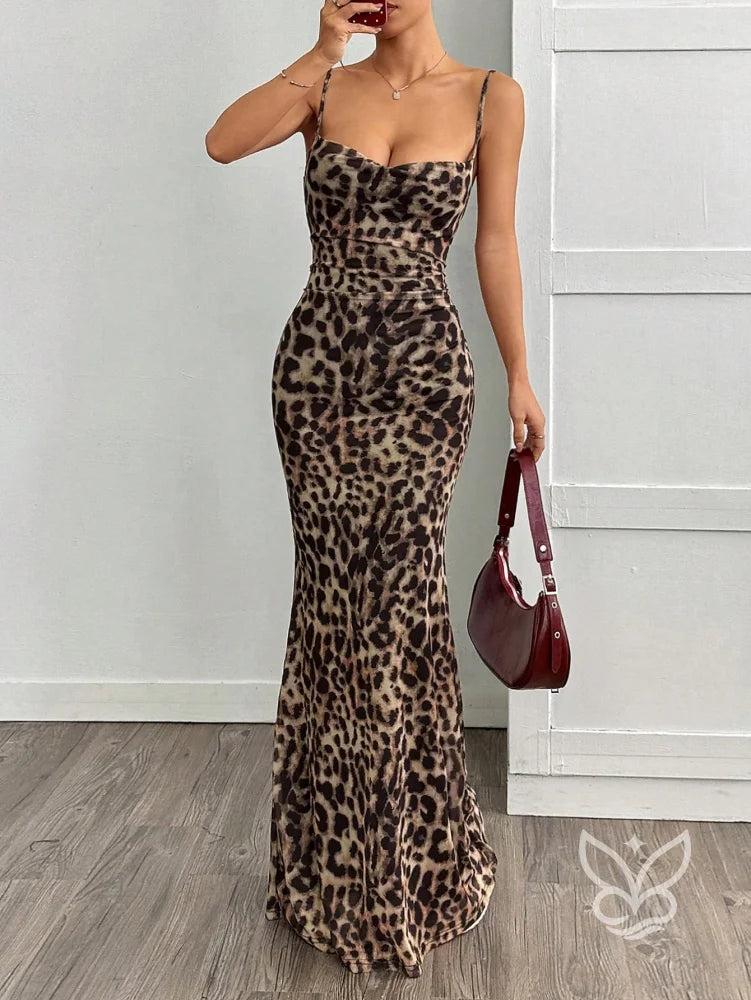 Vestido Longo Justo Com Alça Fina E Estampa Animal Print Castanho / PP Vestido Longo Justo Com Alça Fina E Estampa