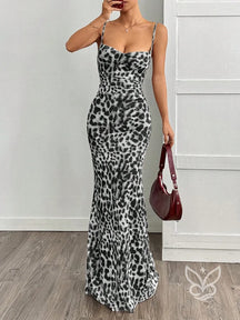 Vestido Longo Justo Com Alça Fina E Estampa Animal Print Cinza / PP Vestido Longo Justo Com Alça Fina E Estampa Animal