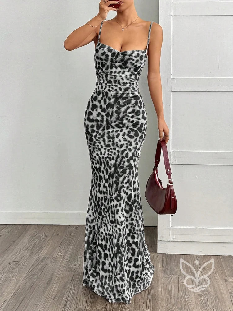 Vestido Longo Justo Com Alça Fina E Estampa Animal Print Cinza / PP Vestido Longo Justo Com Alça Fina E Estampa Animal
