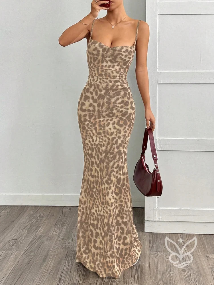 Vestido Longo Justo Com Alça Fina E Estampa Animal Print Damasco / PP Vestido Longo Justo Com Alça Fina E Estampa