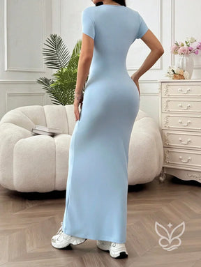 Vestido Longo Justo Com Cintura Marcada E Manga Curta Vestido Longo Justo Com Cintura Marcada E Manga Curta