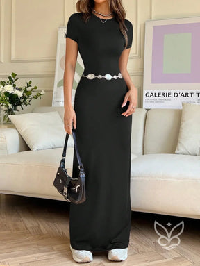 Vestido Longo Justo Com Cintura Marcada E Manga Curta Vestido Longo Justo Com Cintura Marcada E Manga Curta