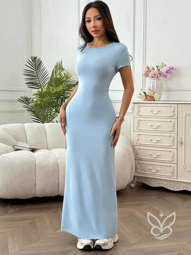 Vestido Longo Justo Com Cintura Marcada E Manga Curta Vestido Longo Justo Com Cintura Marcada E Manga Curta