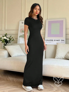 Vestido Longo Justo Com Cintura Marcada E Manga Curta Vestido Longo Justo Com Cintura Marcada E Manga Curta