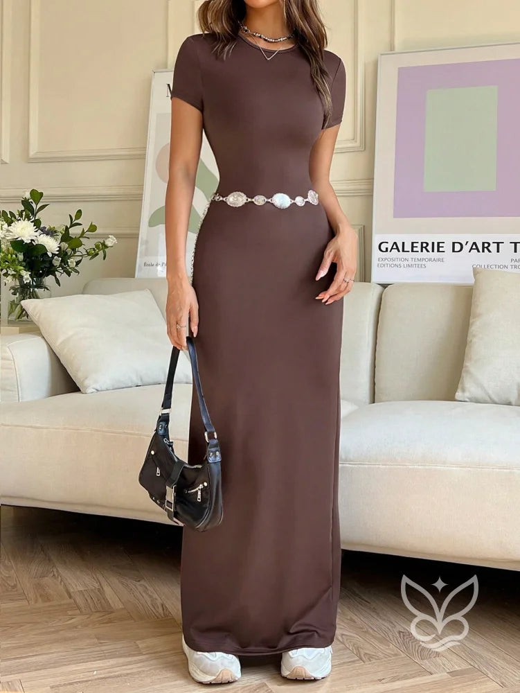 Vestido Longo Justo Com Cintura Marcada E Manga Curta Vestido Longo Justo Com Cintura Marcada E Manga Curta