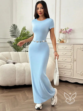 Vestido Longo Justo Com Cintura Marcada E Manga Curta Azul / PP Vestido Longo Justo Com Cintura Marcada E Manga Curta