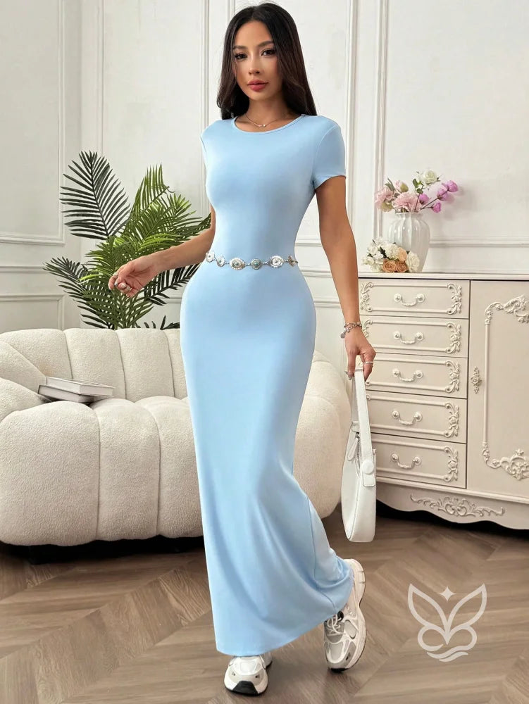 Vestido Longo Justo Com Cintura Marcada E Manga Curta Azul / PP Vestido Longo Justo Com Cintura Marcada E Manga Curta