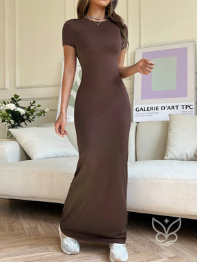 Vestido Longo Justo Com Cintura Marcada E Manga Curta Castanho / PP Vestido Longo Justo Com Cintura Marcada E Manga