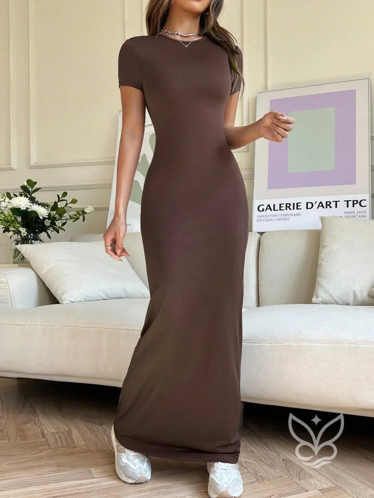 Vestido Longo Justo Com Cintura Marcada E Manga Curta Castanho / PP Vestido Longo Justo Com Cintura Marcada E Manga