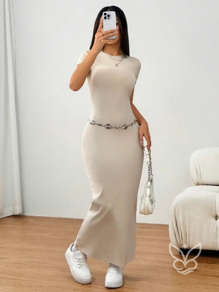 Vestido Longo Justo Com Cintura Marcada E Manga Curta Damasco / PP Vestido Longo Justo Com Cintura Marcada E Manga Curta